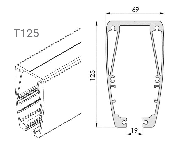 LUNA - Rail / T125 renforcé / tube en acier 60 x 60 mm / 4,3 m