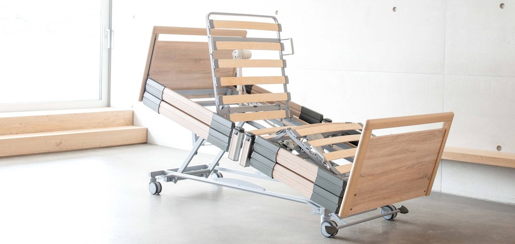 Elektrisches Pflegebett - Practico 25-80 Plus - 4-geteilt - 90x200cm - Zentralbremse - durchgehende Seitengitter - Sonoma Eiche hell R20128 - Typ 1.1