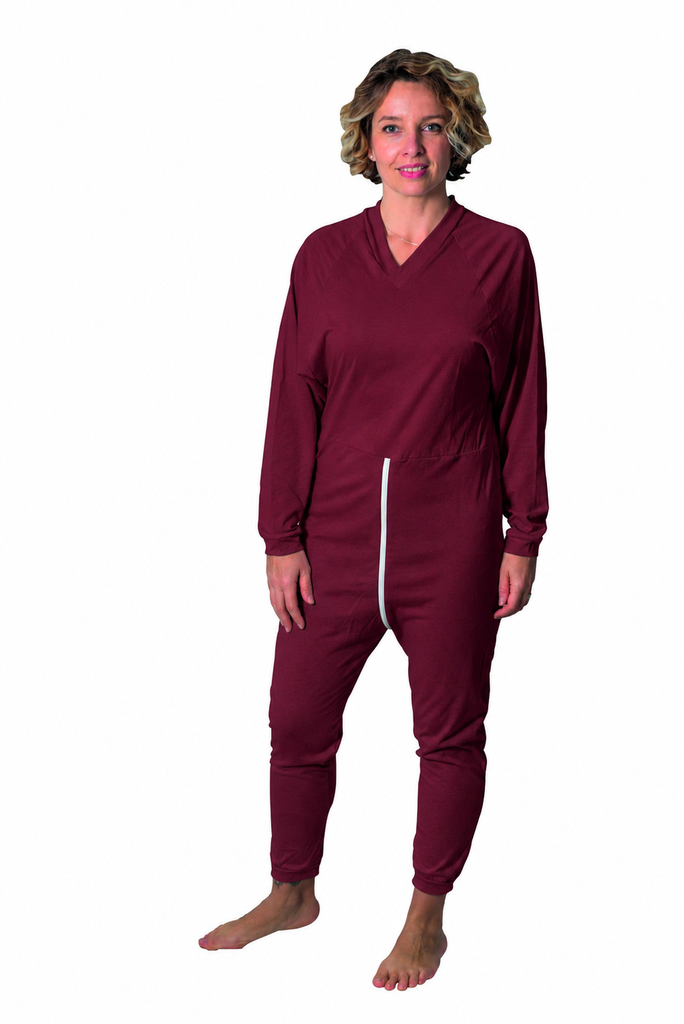 Grenouillère - Ouessant - coton - bordeaux - Taille 46/48 - manches et jambes longues  - col V
