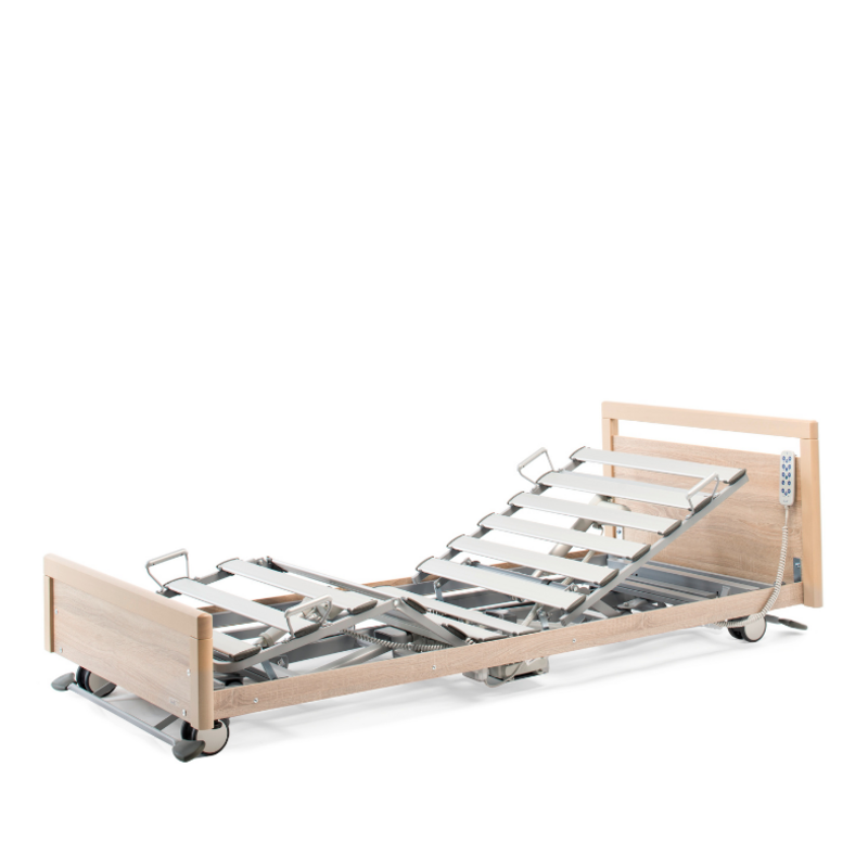 Elektrisches Pflegebett - Floorline 15/80 - 4-geteilt - 90x200cm - durchgehende Seitengitter - Federholzleisten - Sonoma Eiche hell R20128 - Typ 51f hoch auf beiden Seiten - Wandabstandhalter kopfseitig und seitlich