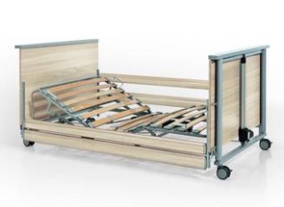 Lit électrique bariatrique - Adi.flex - 4 moteurs - 120x200cm - chêne sonoma clair - barrières longues - freins individuels - Roues doubles - 4 parties - Lattes en bois - Poids max. 220kg