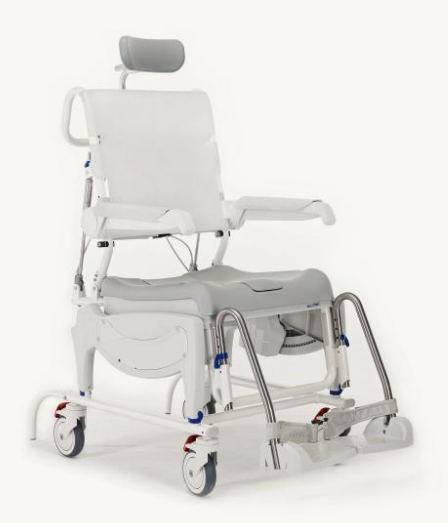 Chaise percée de douche - Ocean VIP Ergo - avec roulettes - avec accoudoirs - blanc - Hauteur d'assise réglable - avec porte-pot, pot et assise souple